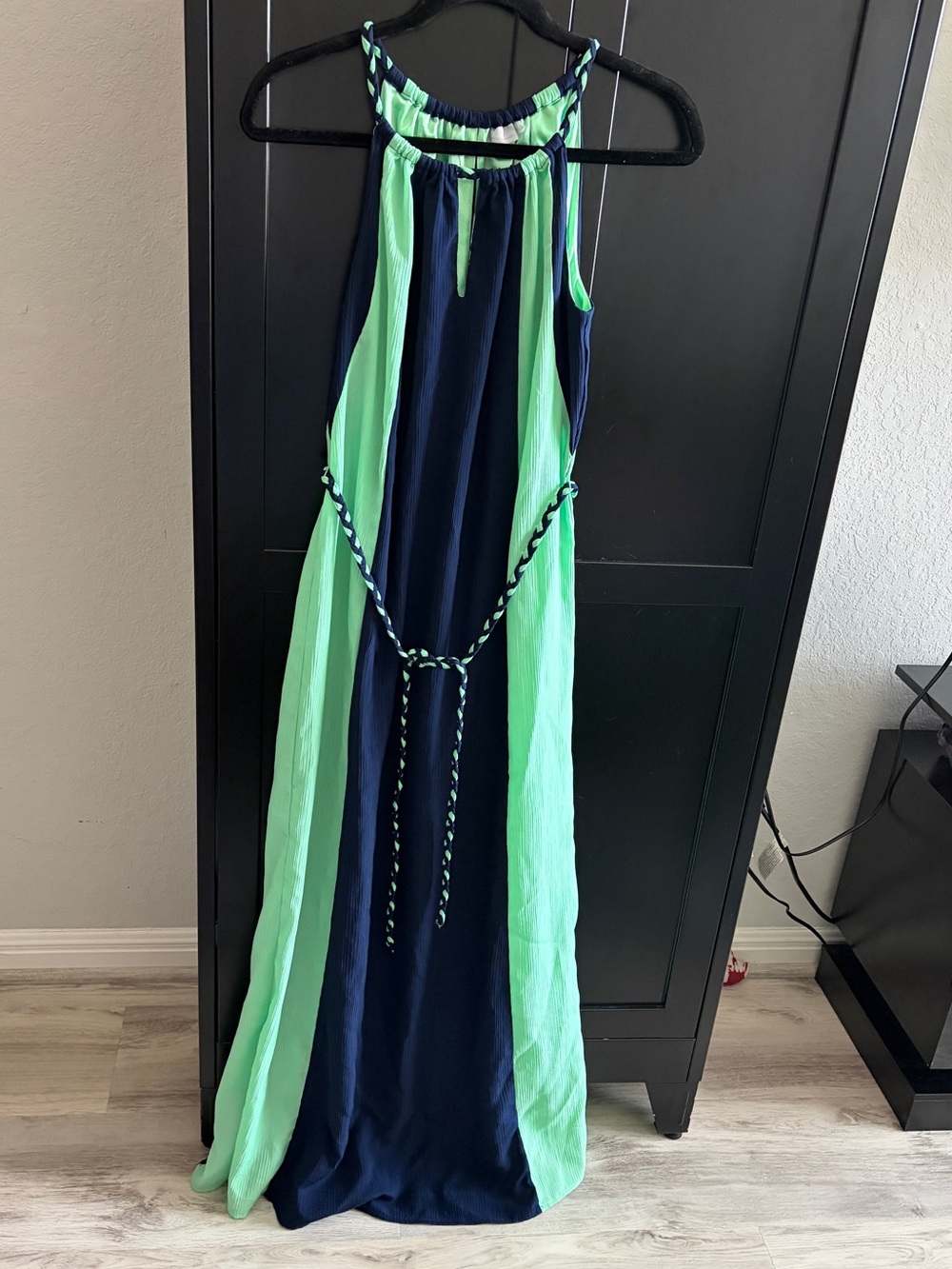 New York & Company Halter Maxi Dress - Navy & Mint Green Colorblock - Size S